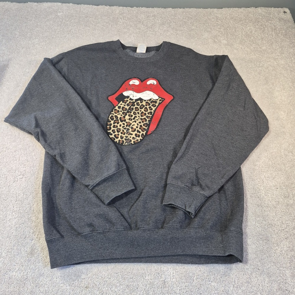 Rolling Stones Lips Leopard Tongue Pullover Crew Gray Sweatshirt Large Grunge